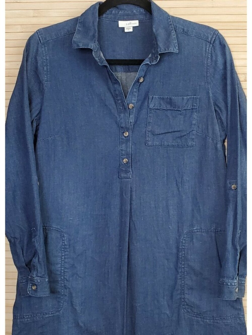 J Jill Denim Cotton Blend Long Roll button Sleeve Shift Dress Size XS - Picture 2 of 5